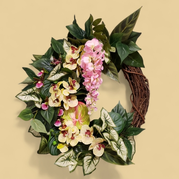 Hand Crafted Other - Tropical Grapevine Wreath Real Touch Orchids Wisteria Anthurium Botanical Decor